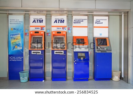 KORAT, THAILAND - FEBRUARY 21, 2015: Bangkok Bank ATM, Passbook update, and Cash deposit Automatic machine. Bangkok Bank is the 3rd largest Thai banking following SCB and Kasikornbank.