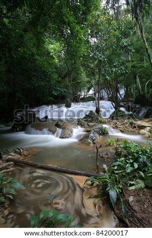 Swirling water on Rain-forest Waterfall in Thailand