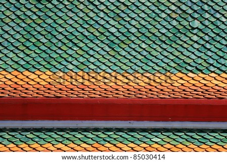 Two Layers of Colorful Tiles on Thai Temple Roof