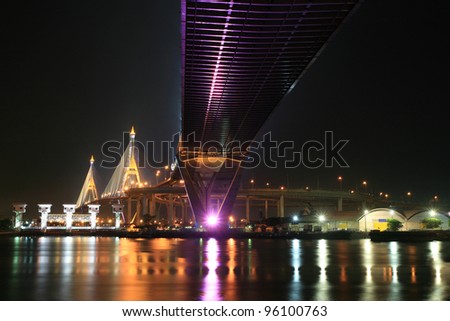 Night landscape view of Bhumibol, aka the Industrial Ring Road, Bridge across Chao Phraya River in Thailand