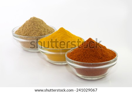 Chili Powder, Turmeric Powder & Coriander powder in Bowl isolated on White.