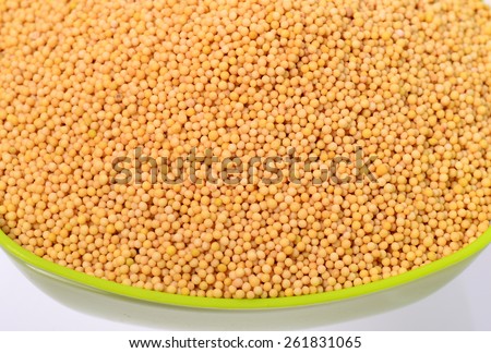 yellow mustard seeds in green bowl isolated on white background