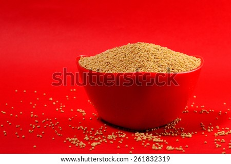 yellow mustard seeds in red bowl isolated on red background