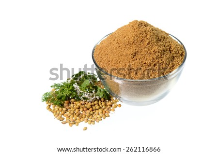 Coriander seeds, Fresh Coriander and Powdered coriander isolated on white background.