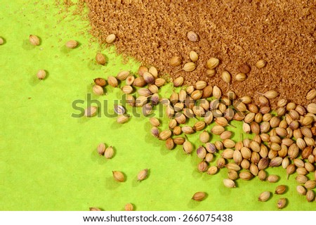 Coriander seeds and Powdered coriander on green background