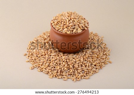 Wheat grains in clay pot with heap