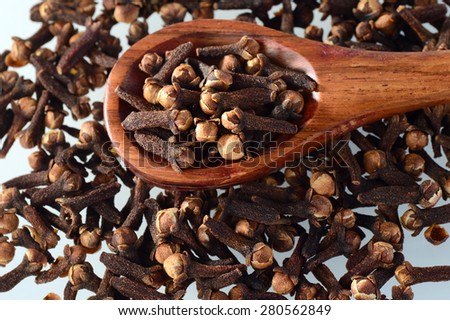 Cloves (spice) and wooden spoon close-up food background. Isolated on white background