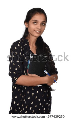 Pretty girl with pen and notebook on white background. Thinking plans for nearest future.
