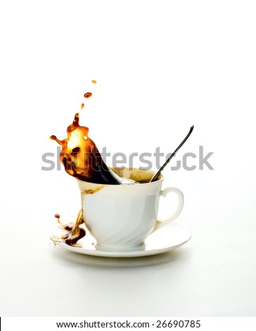 Cup of coffee on a white background. Splash in a liquid.