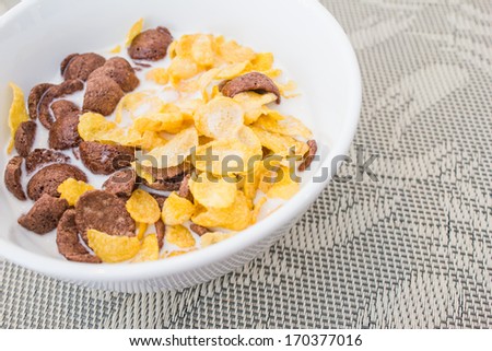 Cereal with milk on a bowl