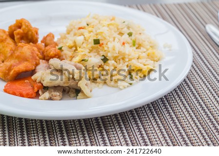Stir fried chicken with rice on white dish