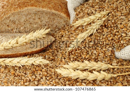 Bread, a bag with wheat and ears close-up