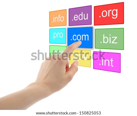 Hand pushing virtual domain name on white background, internet concept