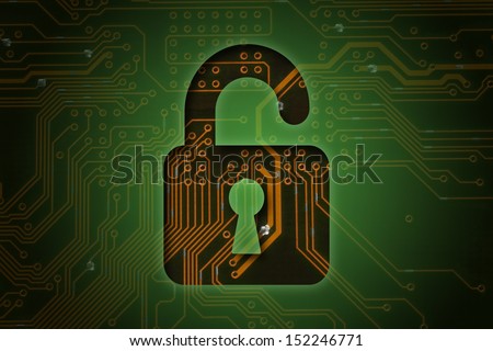 Open lock on circuit background, security concept
