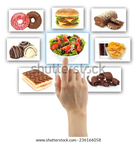 Woman hand uses touch screen interface with food on white background