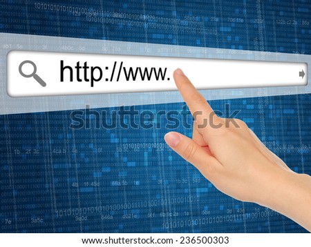 Hand pushing virtual search bar on digital background, internet concept