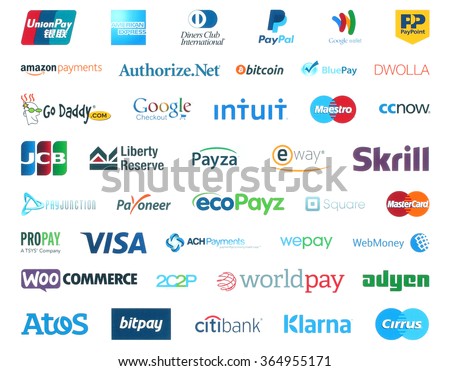 Kiev, Ukraine - January 11, 2016: Collection of popular payment system logos printed on white paper:PayPal, Google Wallet, Bitcoin, Mastercard, Maestro, Skrill, JCB, Payoneer, Visa, Worldpay and other