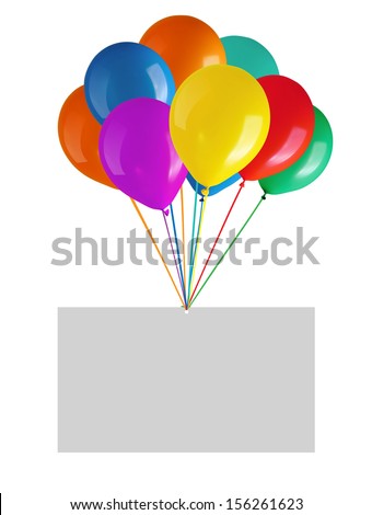 Flying balloons with blank card. Isolated on white background