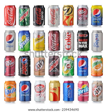 LOS ANGELES, USA - DECEMBER 22, 2014 Collection of various brands of soda drinks in aluminum cans isolated on white.