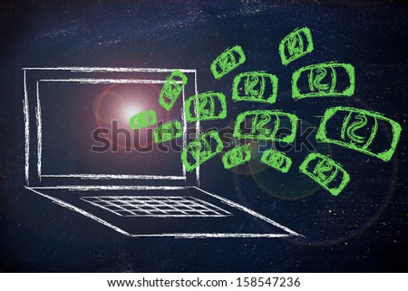 conceptual design of the e-business dream, funny design of money coming out of a computer