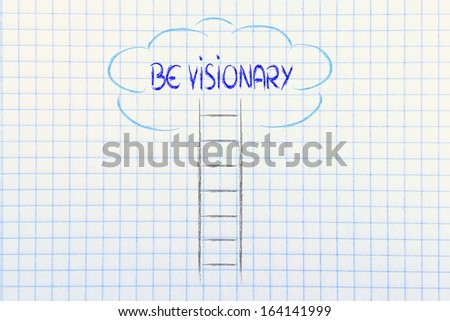 conceptual design representing a visionary genius mind, ladder reaching the clouds
