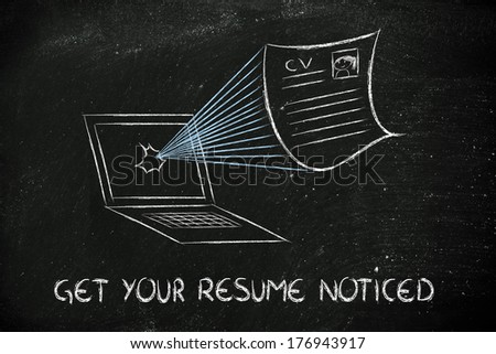 funny cv document exploding out of a computer screen, get your cv noticed