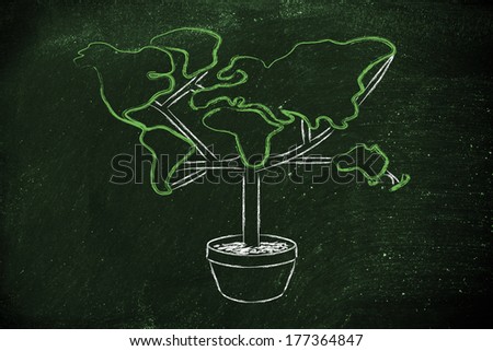 tree with continents as leaves, surreal image about green economy