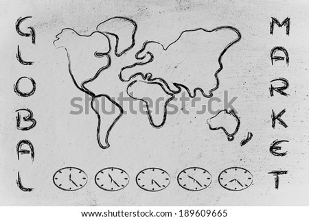 global business challenges: conceptual design with world map and local time clocks