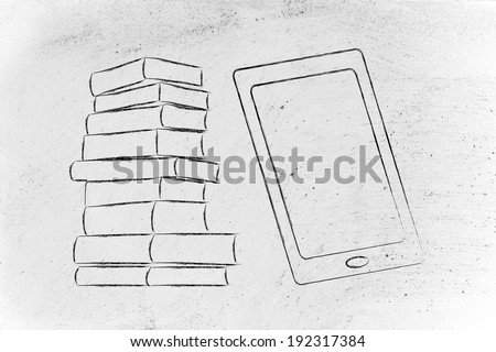 books or e-books, pile of paper books and tablet