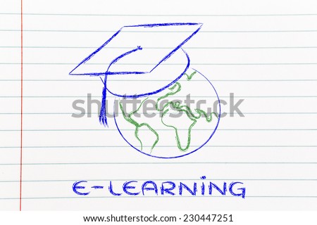 world globe with graduation cap, metaphor of global e-learning