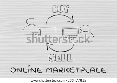 computer users buying and selling items online, concept of internet marketplace