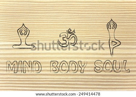mind body and soul design inspired by yoga, with asanas (yoga poses) and OM symbol