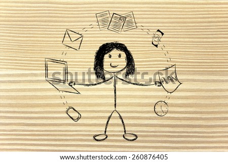 productivity and multitasking: business woman juggling with office objects