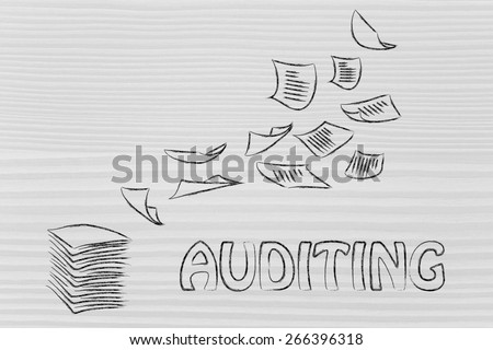 corporate auditing, illustration with plenty of document pages flying all around