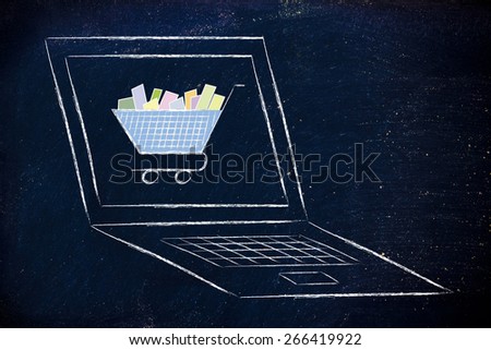 laptop computer and shopping cart, concept of e-commerce and online shopping