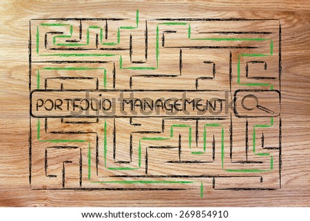search bar surrounded by a maze, with tags about portfolio management