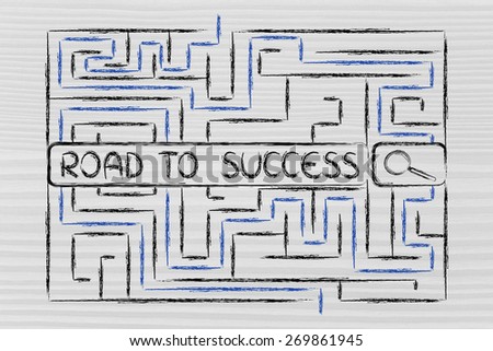 search bar surrounded by a maze, with tags about the road to success