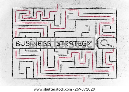 search bar surrounded by a maze, with tags about business strategy
