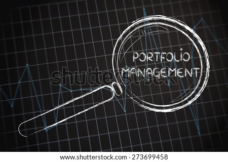 corporate performance or market rate graph with magnifying glass, concept of portfolio management