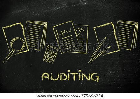 corporate auditing: illustration with folders, stats and documents