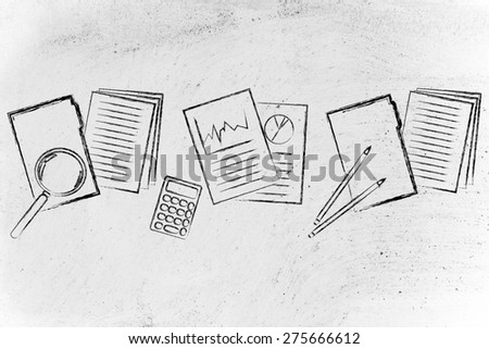 illustration of business plan folder, performance stats and budget documents