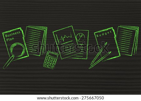 illustration of business plan folder, perfomance stats and budget documents