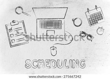 the importance of scheduling: laptop, calendar, stopwatch and to do list