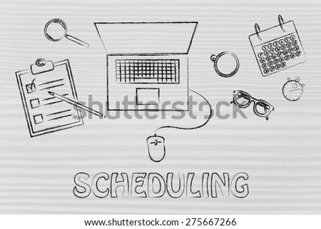 the importance of scheduling: laptop, calendar, stopwatch and to do list