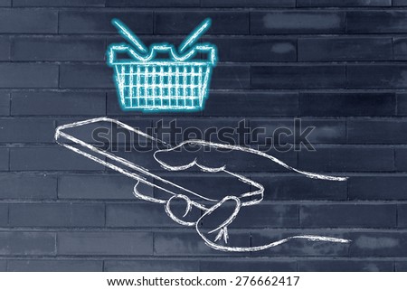 glowing shopping cart coming out of a smartphone or mobile phone