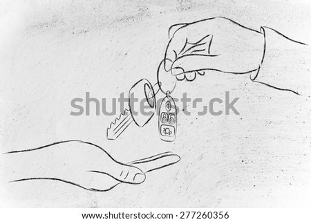 hands giving and taking car keys with remote, concept of renting or buying a new car