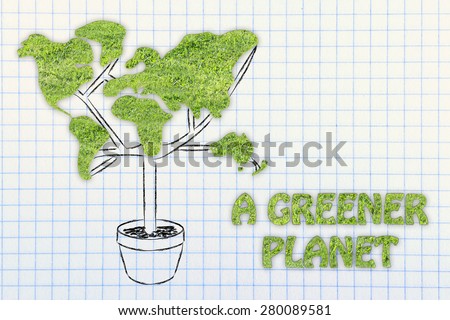 a greener planet: plant with the shape of a world map and grass texture