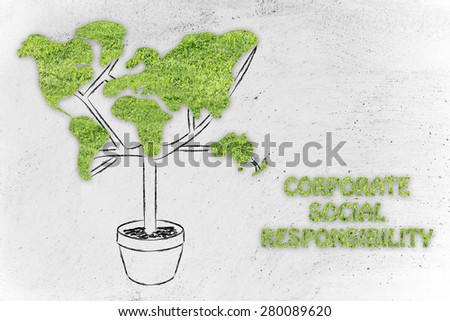 corporate social responsibility: plant with the shape of a world map and grass texture