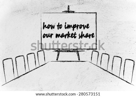 board meeting room with whiteboard and writing How to improve our market share