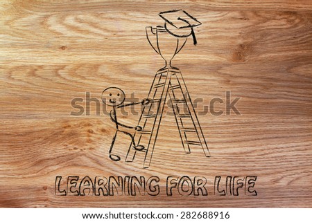 graduation hat and trophy up a ladder, concept of learning for life and school goals